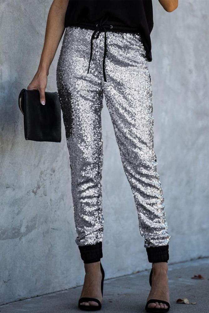 Gray Glitter Gang Sequin and Satin Joggers