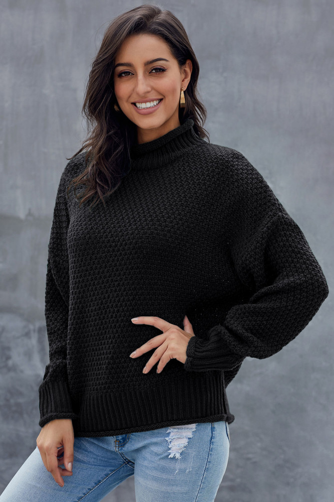 Black Oversized Chunky Batwing Long Sleeve Turtleneck Sweater