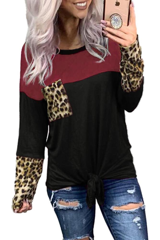 Black Color Block Splicing Leopard Printed Pocket Tie Blouse