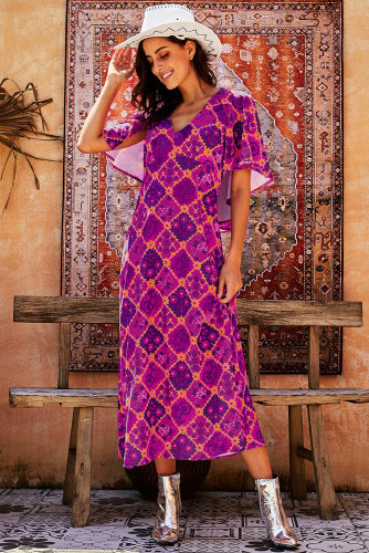 Vintage Bohemian Print Holiday Party Maxi Dress