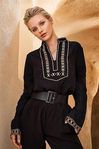 Black Boho Embroidered V Neck long Sleeve Casual Top