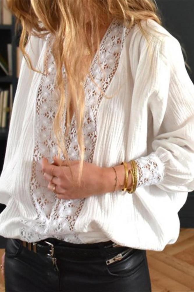White Deep V Neckline Crochet Lace Blouse