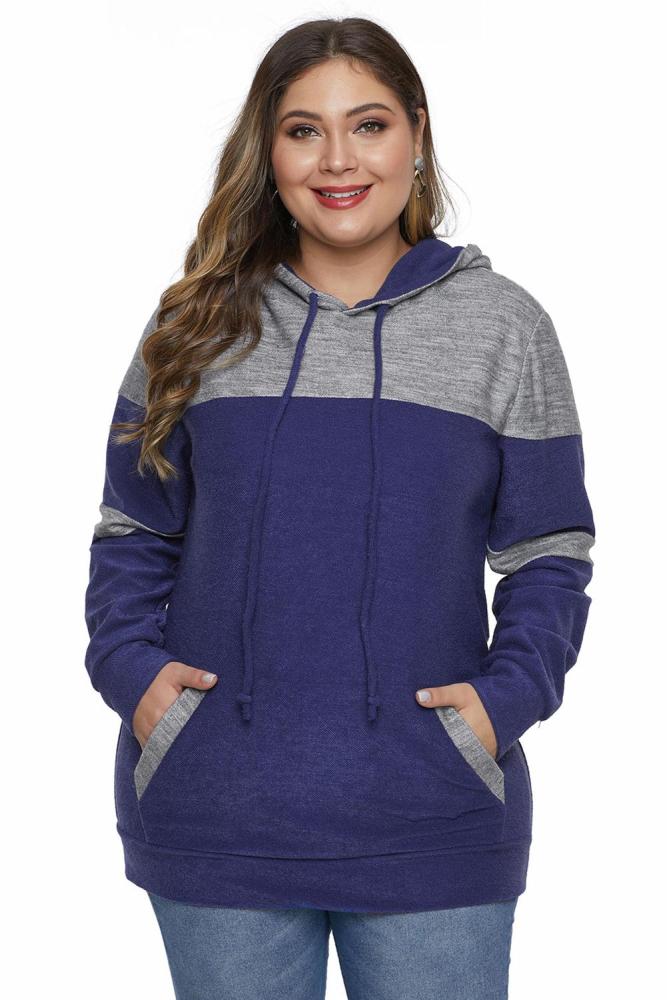 Blue Color Block Pullover Plus Size Hoodie with Pocket