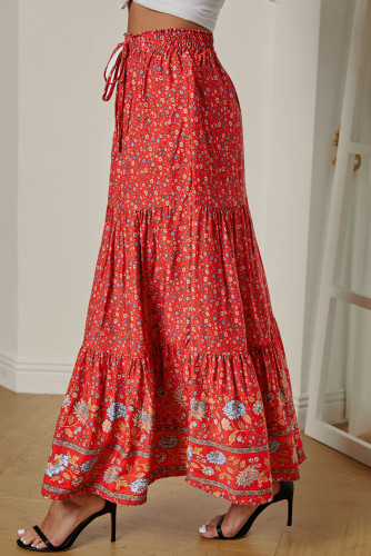 Red Boho Floral Print Elastic High Waist Pleated A Line Maxi Skirt
