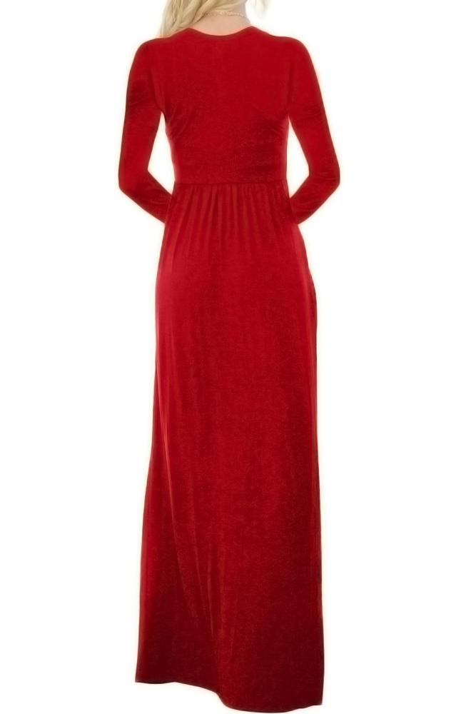 Red V Neck Pocket Style Long Jersey Dress