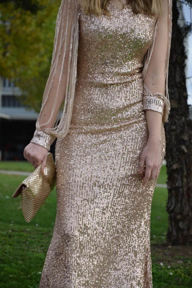 Apricot Off Shoulder Tasseled Sleeve Sequin Party Maxi Dress