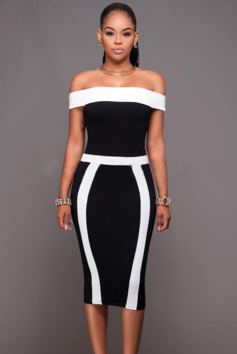 Black White Patchwork Bandeau Boat Neck Off Shoulder Midi Dress
