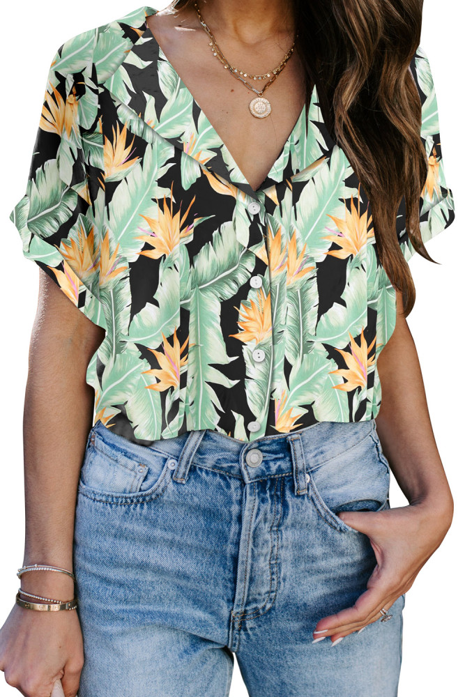 Black Printed Button Front Top
