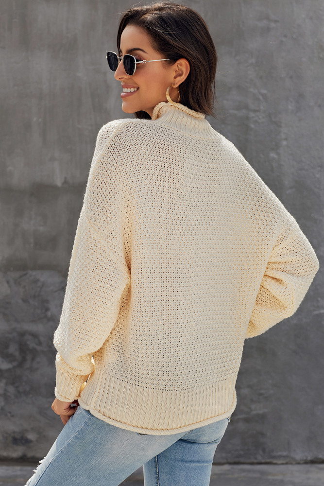 Beige Oversized Chunky Batwing Long Sleeve Turtleneck Sweater