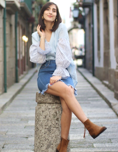Sky Blue Rekindle Eyelet Button Down Top
