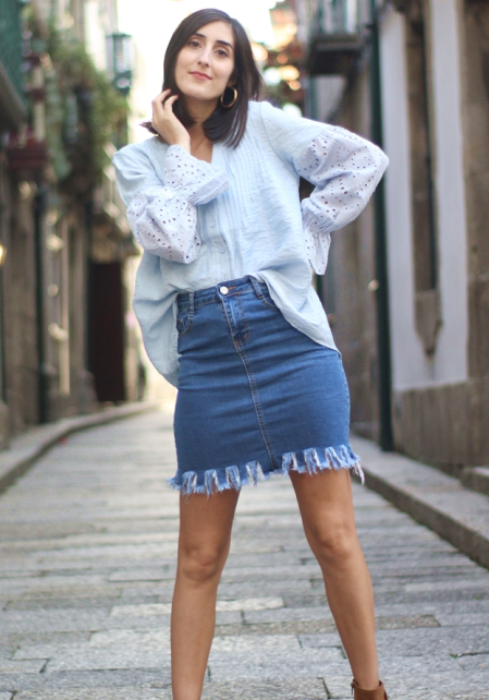 Sky Blue Rekindle Eyelet Button Down Top