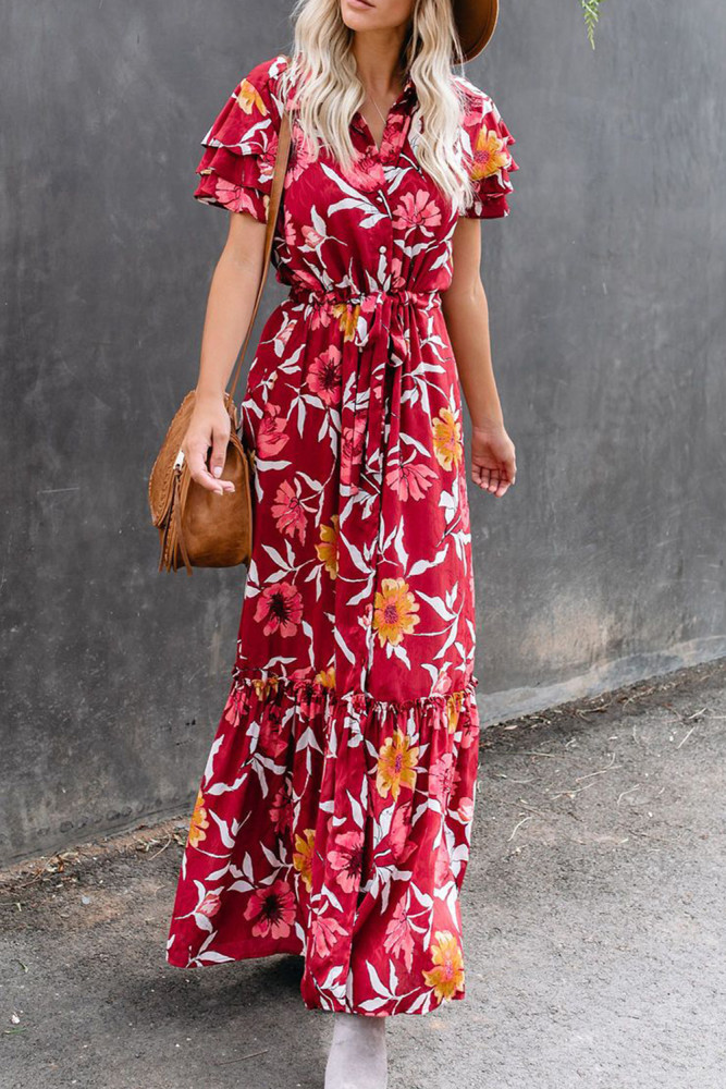 Burgundy Floral Button Maxi Dress