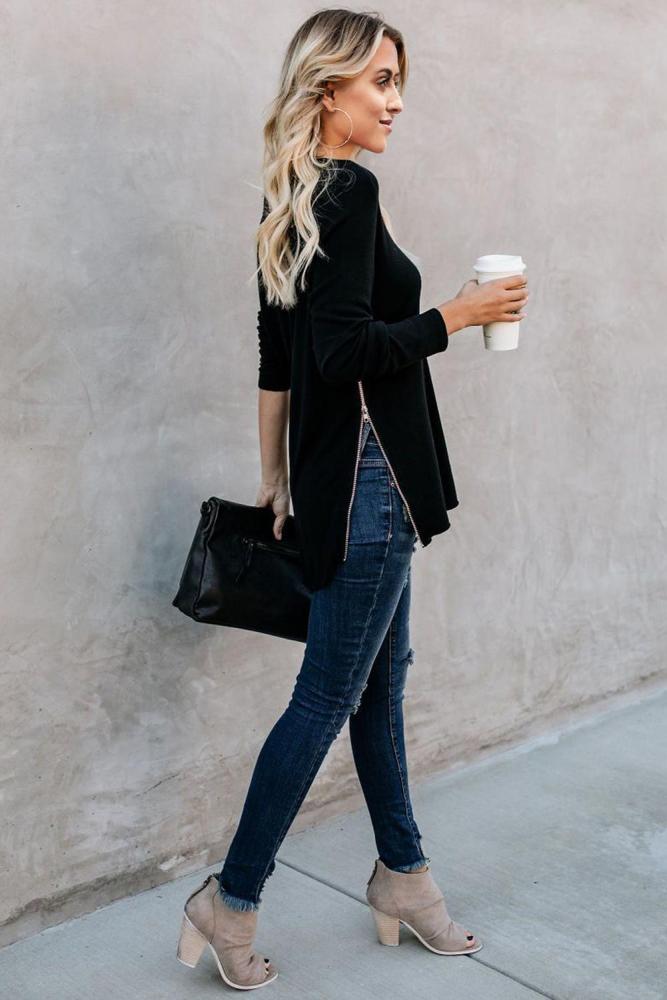 Black Zip Side V Neck Long Sleeve Pullover Top