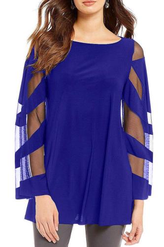 Blue Long Sleeve Boat Neck Chiffon Blouse