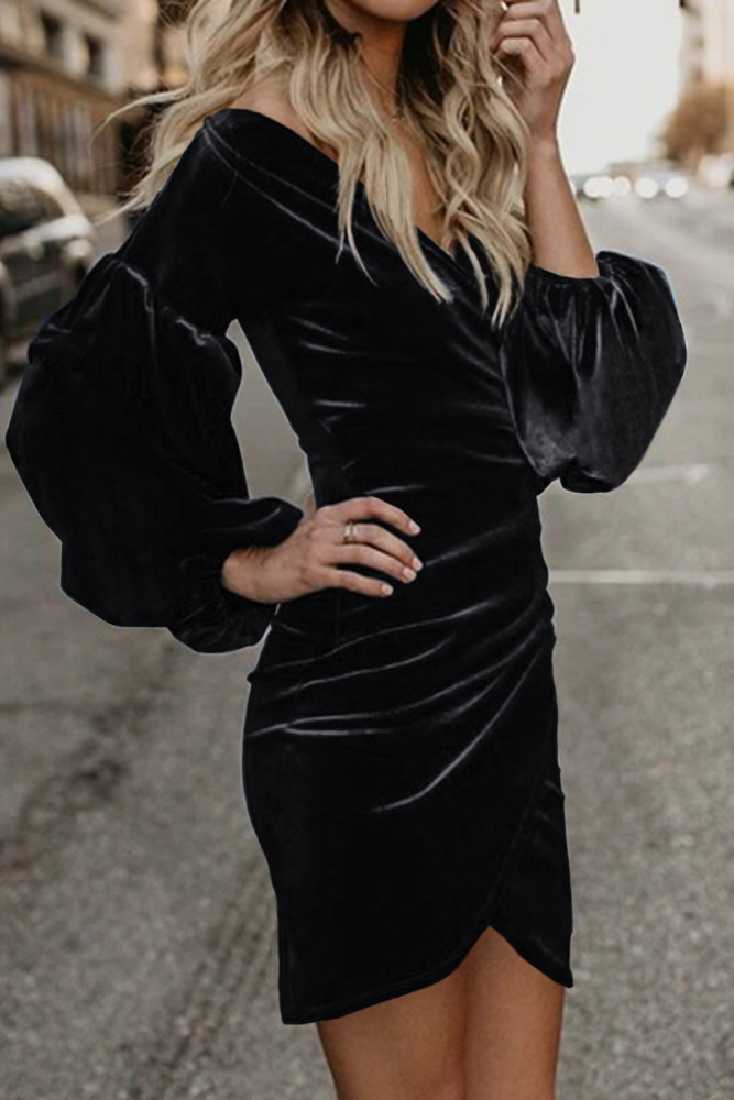 Black Puff Sleeve Off Shoulder Wrap Bodycon Velvet Dress