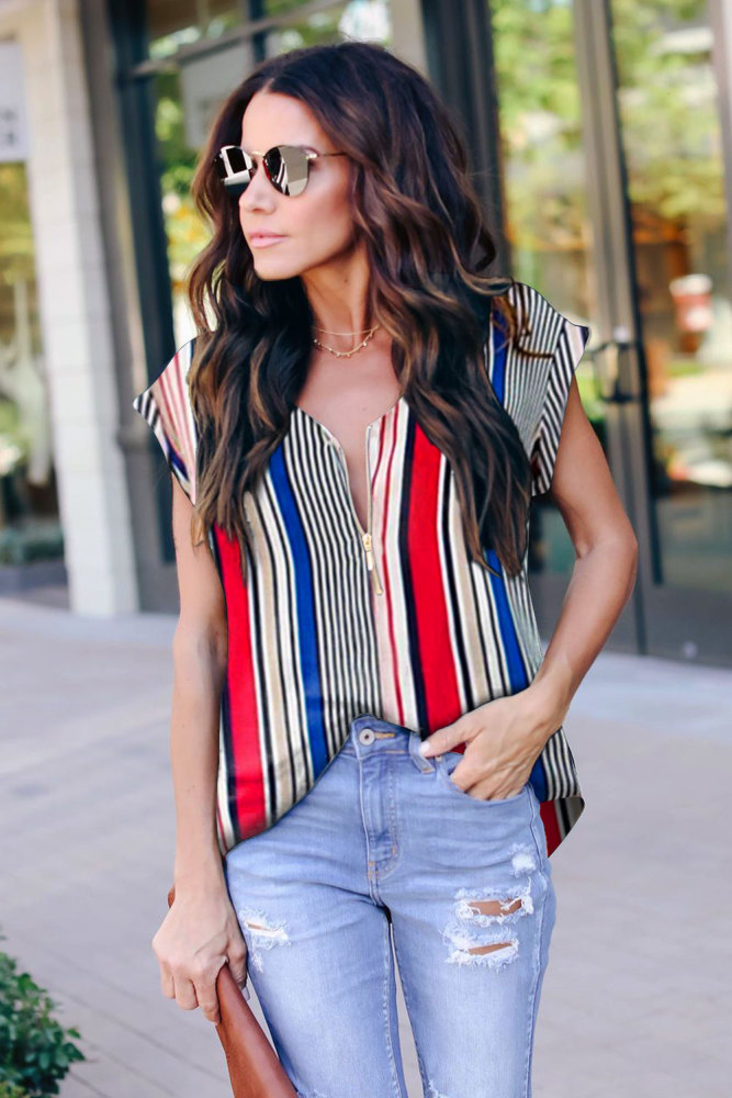 Multicolor V Neck Stripes Roll up Short Sleeve Zip Up Blouse