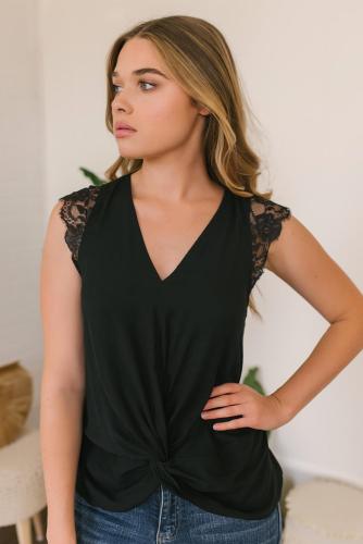 Black Lace Cap Sleeve Twisted Knot Top