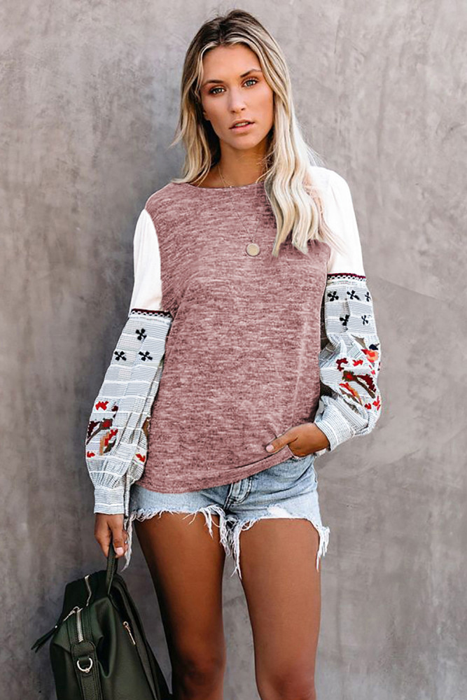 Pink Contrast Printed Sleeve Knit Sweatshirts
