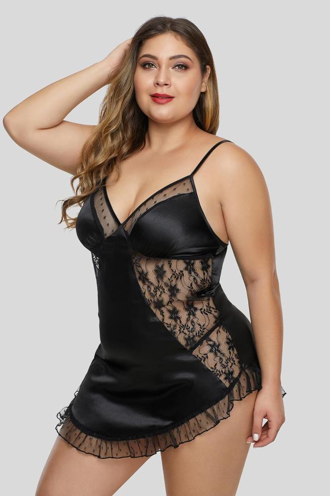 Black Mesh Satin Ruffled Hem Plus Size Lingerie