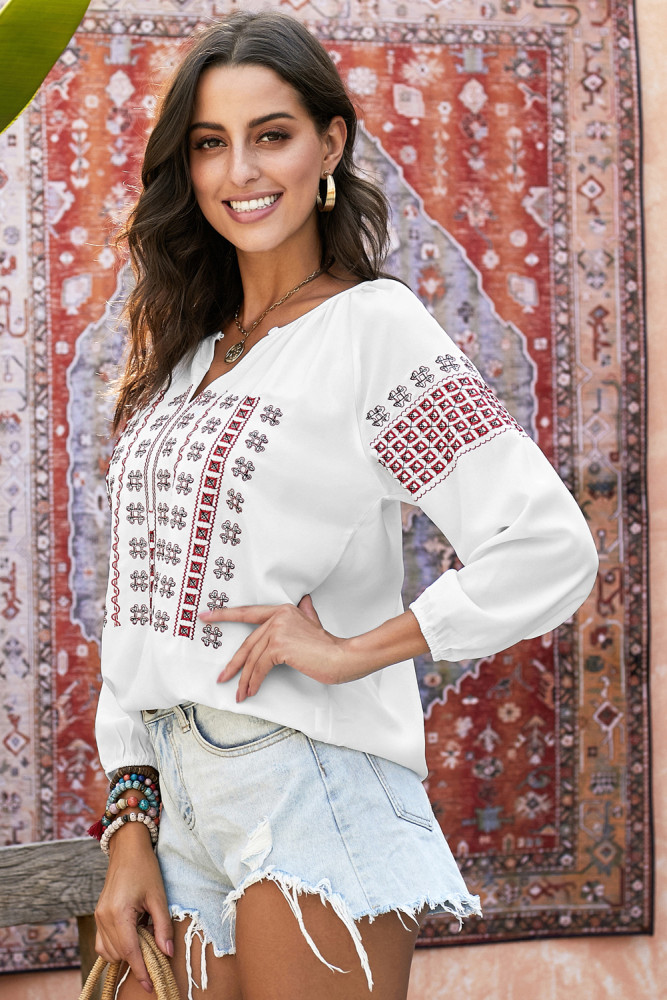 Red Ethnic Embroidery V Cut Neck 3/4 Sleeve Top