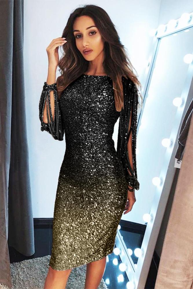 Black Ombre Sequin Tassel Sleeve Bodycon Evening Dress
