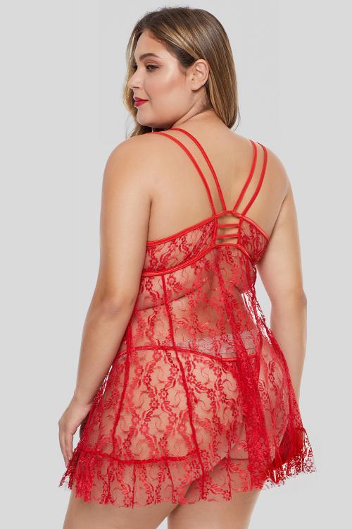 Red Floral Lace Plus Size Lingerie Set