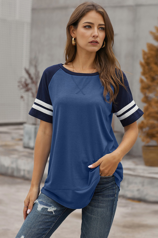 Blue Color Block Contrast Short Sleeve T-shirt