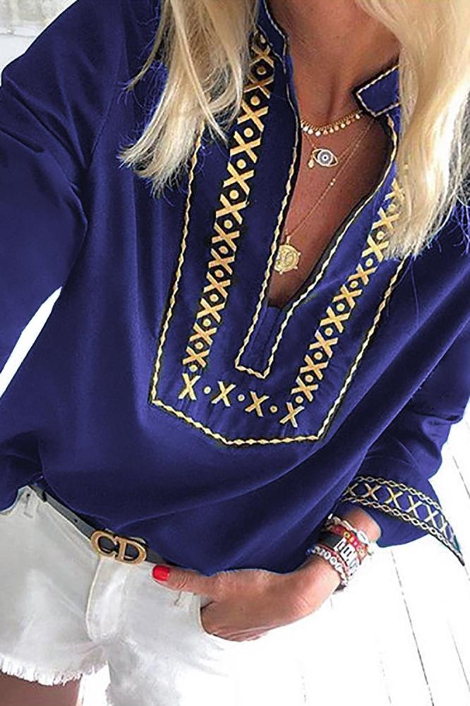 Blue Boho Embroidered V Neck long Sleeve Casual Top