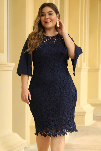 Blue Flutter Slit Sleeve Crocthet Lace Plus Size Dress