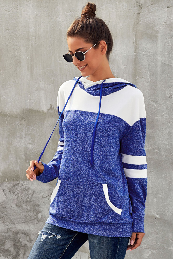 Blue Color Block Pullover Hoodie with Pocket