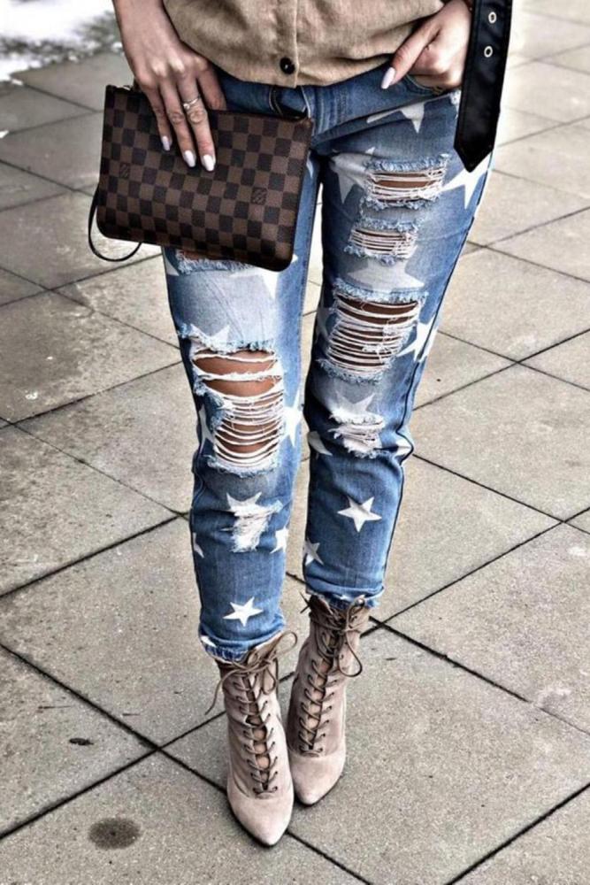 Star Ripped Distressed Denim Jeans