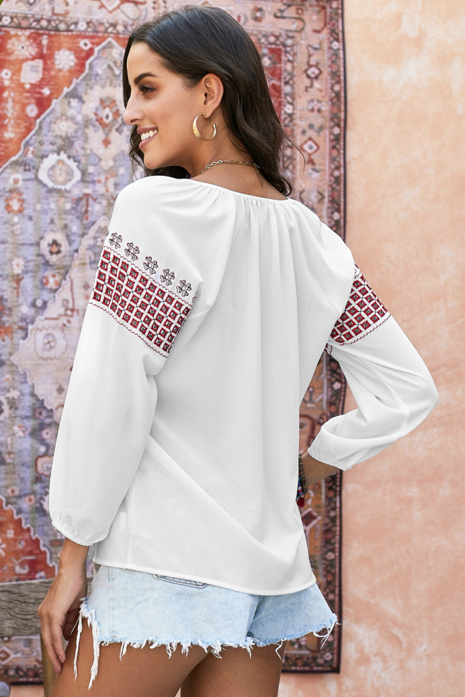 Red Ethnic Embroidery V Cut Neck 3/4 Sleeve Top