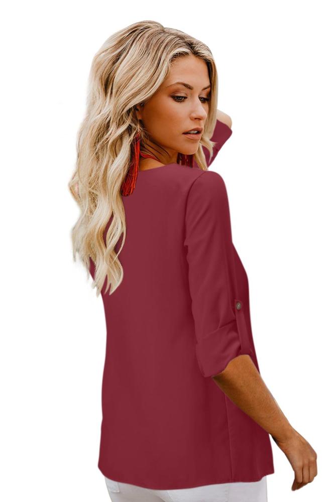 Red Button Detail Roll up Sleeve Blouse