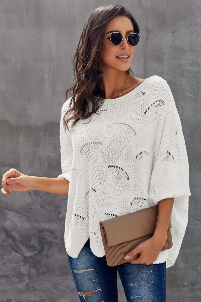 White Wave Hem Long Batwing Sleeve Hollow Out Elegant Sweater