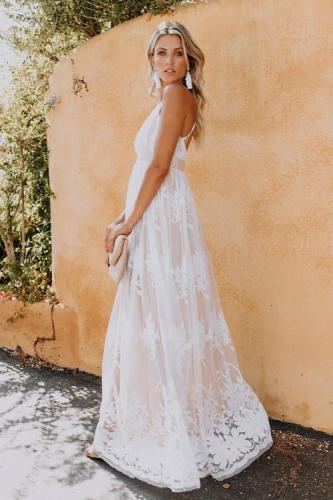 Deep V Neck Lace Wedding Party Maxi Dress