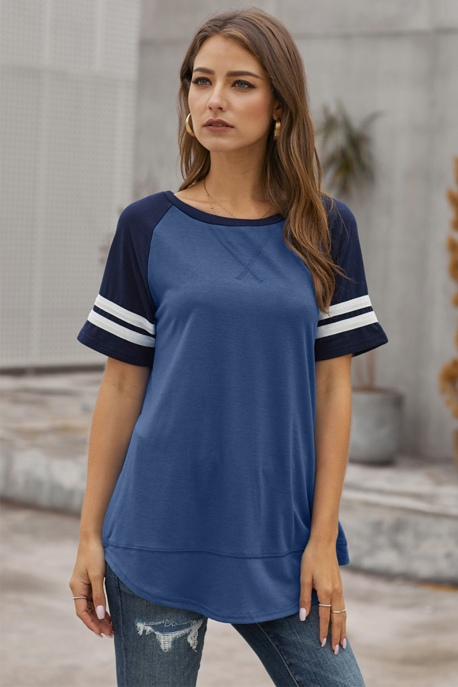 Blue Color Block Contrast Short Sleeve T-shirt