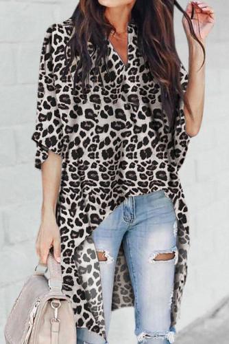 Gray V-Collar Irregular Leopard Print Blouse