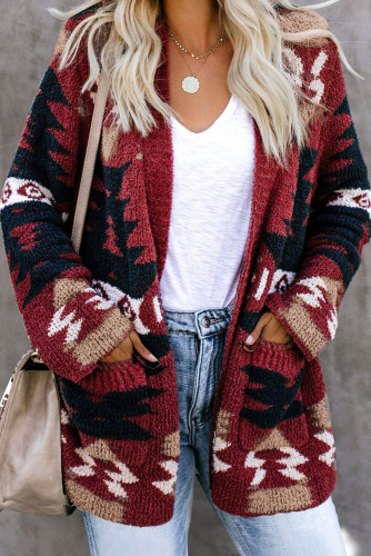 Red Moraga Pocketed Aztec Cardigan