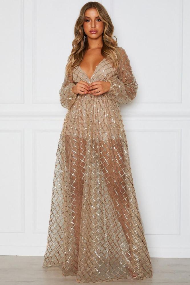 Apricot Glittering Checked Pattern Sheer Gown