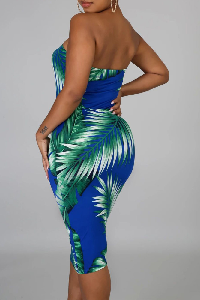 Blue Tropical Print Tube Bodycon Dress