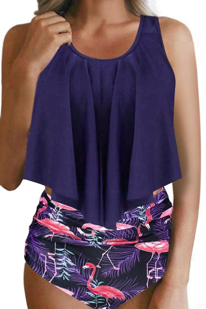 Blue Print Crop Ruffled Overlay High Waist Tankini