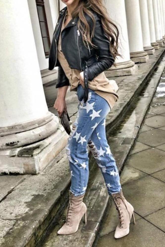 Star Ripped Distressed Denim Jeans
