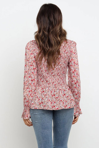 Red High Neck Boho Floral Blouse