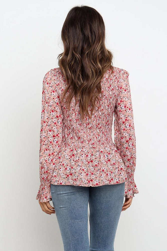 Red High Neck Boho Floral Blouse
