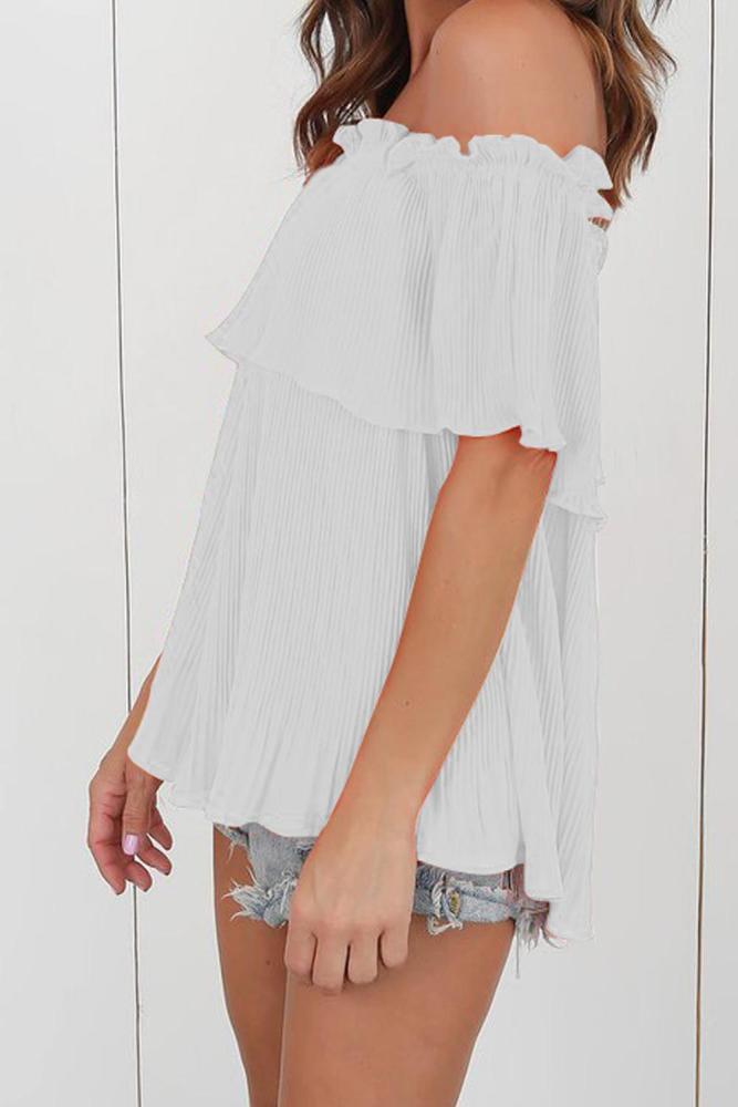White Off-Shoulder Pleated Ruffle Blouse