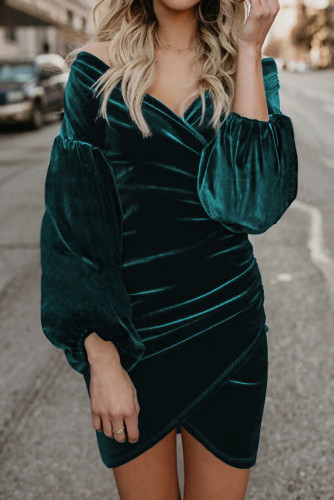 Green Puff Sleeve Off Shoulder Wrap Bodycon Velvet Dress