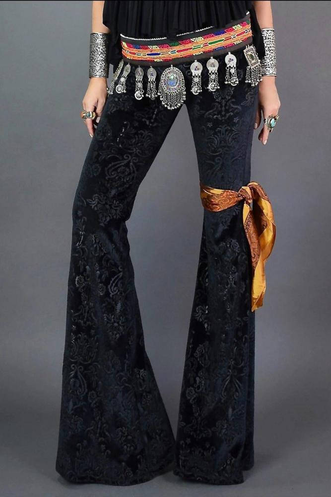 Black Floral Velvet Baroque Flare Pants