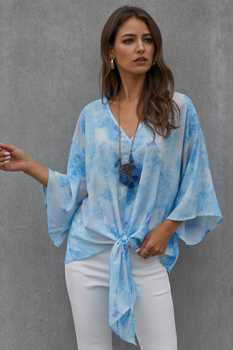 Sky Blue Tie Dye V Neck Top