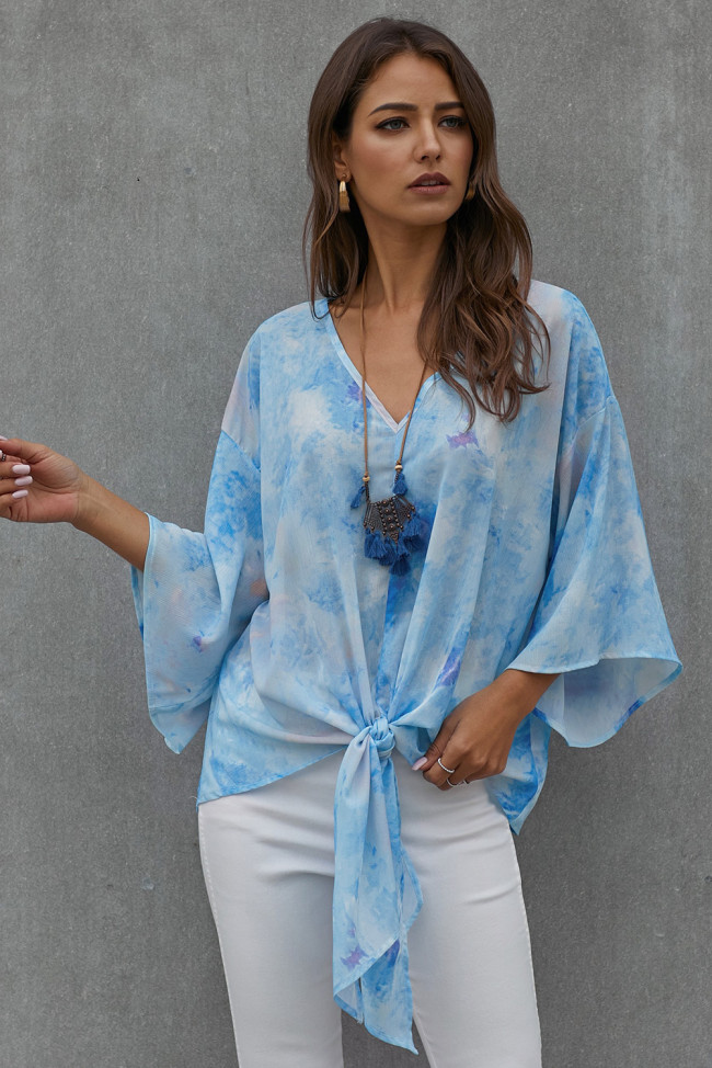 Sky Blue Tie Dye V Neck Top