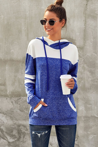 Blue Color Block Pullover Hoodie with Pocket